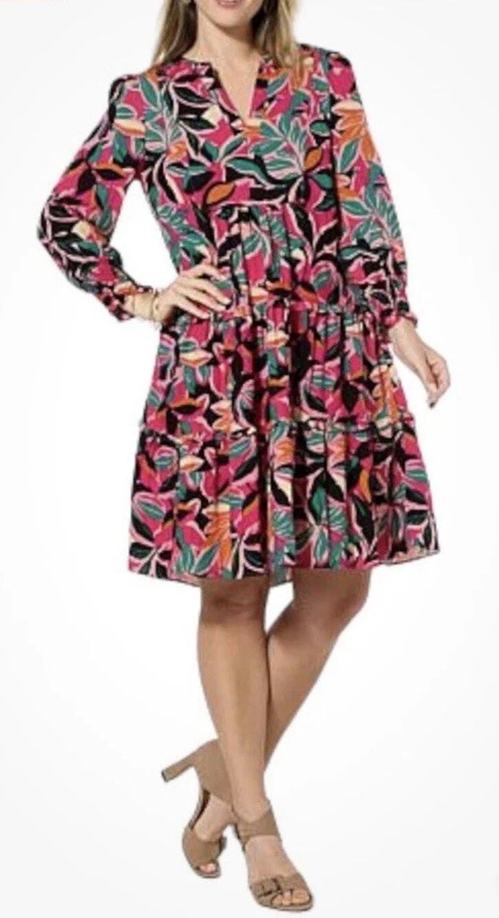G by Giuliana Serafina Tiered V-Neck Dress Women's XL Pink Combo Ruffled Pockets